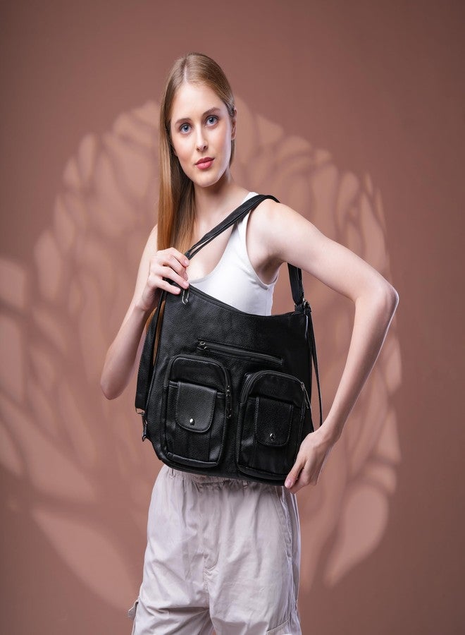 SANTORINI Women’s Handbag 2-in-1 Convertible Shoulder bag & Backpack | Multi-Pocket Bag with Adjustable Strap for Office, college and Daily Use. (Black) - Image 5